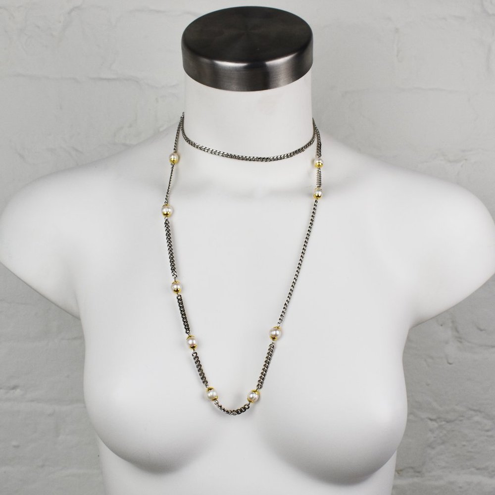 Pearl station necklace, extra long curb chain necklace silver